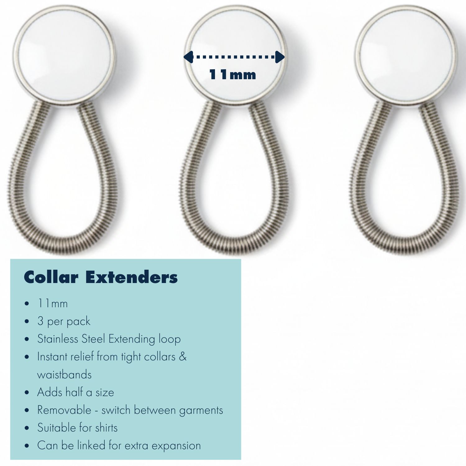 Collar Extender – 11mm Metal Button with White Insert & Spring Loop, Pack of 3 - Image 4